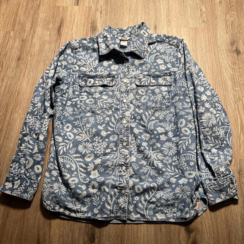 Duluth Trading Co Shirt Womens Blue Denim Pearl Snap Floral Mushroom Indigo L